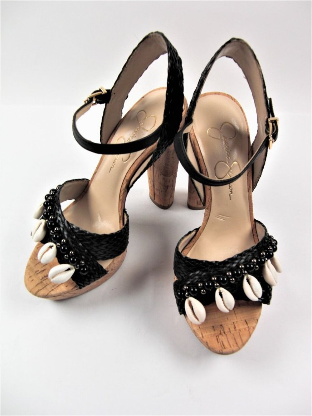 Jessica Simpson Women's black Shell Cork Platform Sandals heels Size 7 pre-owned
